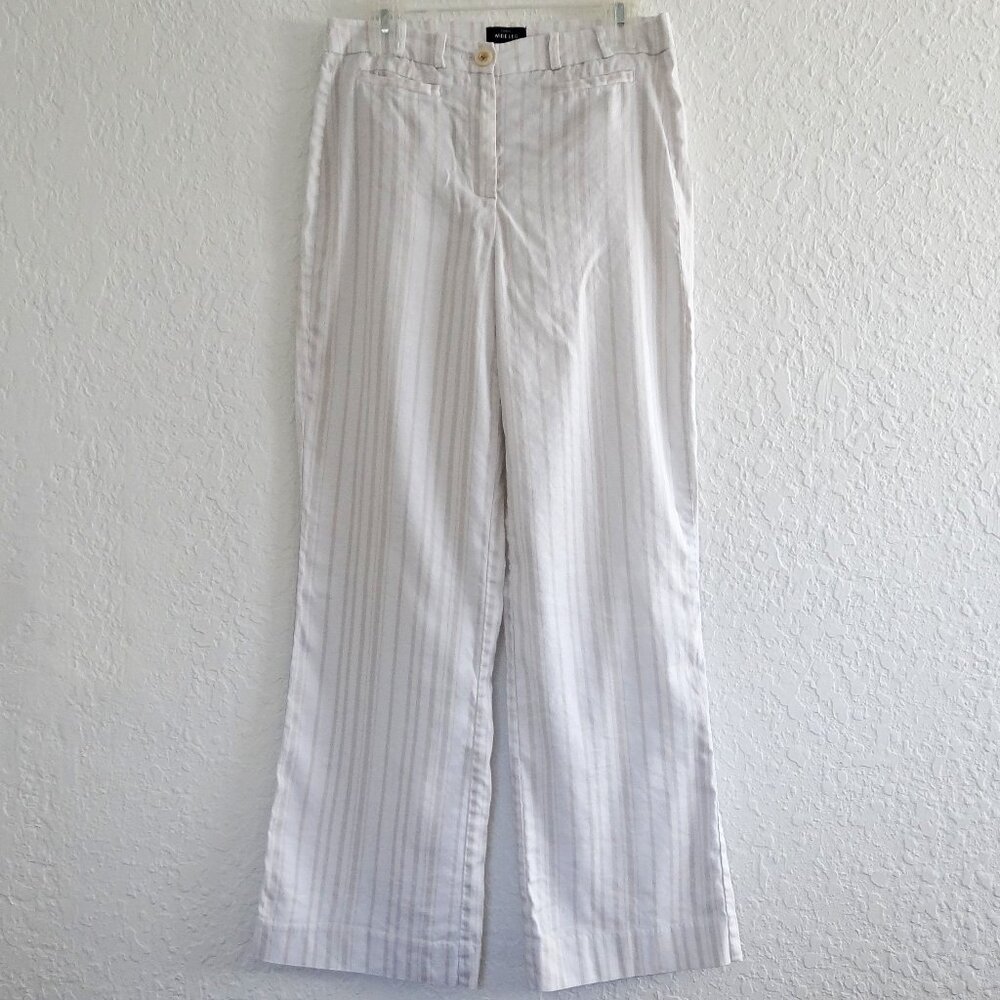 White House Black Market Women's 6 Wide Leg Pants White Beige Stripe Linen Blend
